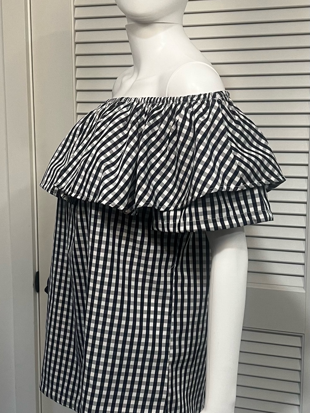Kaktus Navy and White Gingham Off-Shoulder Ruffle Top - Picture 2 of 7